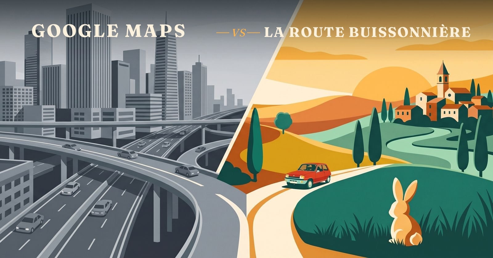 Illustration La Route Buissonnière : à gauche une ville dense et grise avec ses échangeurs, à droite la campagne au coucher de soleil où roule une petite Super 5 rouge sur une route sinueuse.