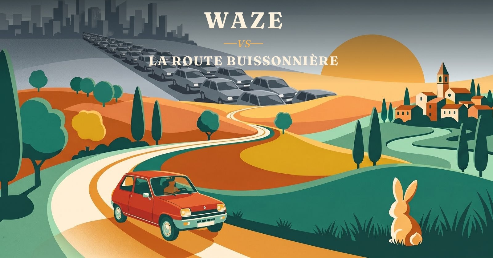Illustration La Route Buissonnière : une longue file de voitures grises identiques file vers la ville, tandis qu'une Super 5 rouge quitte le troupeau pour une belle route de campagne au coucher de soleil.