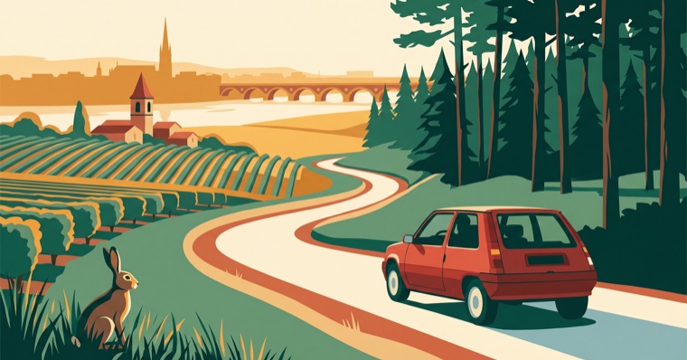 Affiche La Route Buissonnière : contourner Bordeaux par le vignoble et les Landes de Gascogne