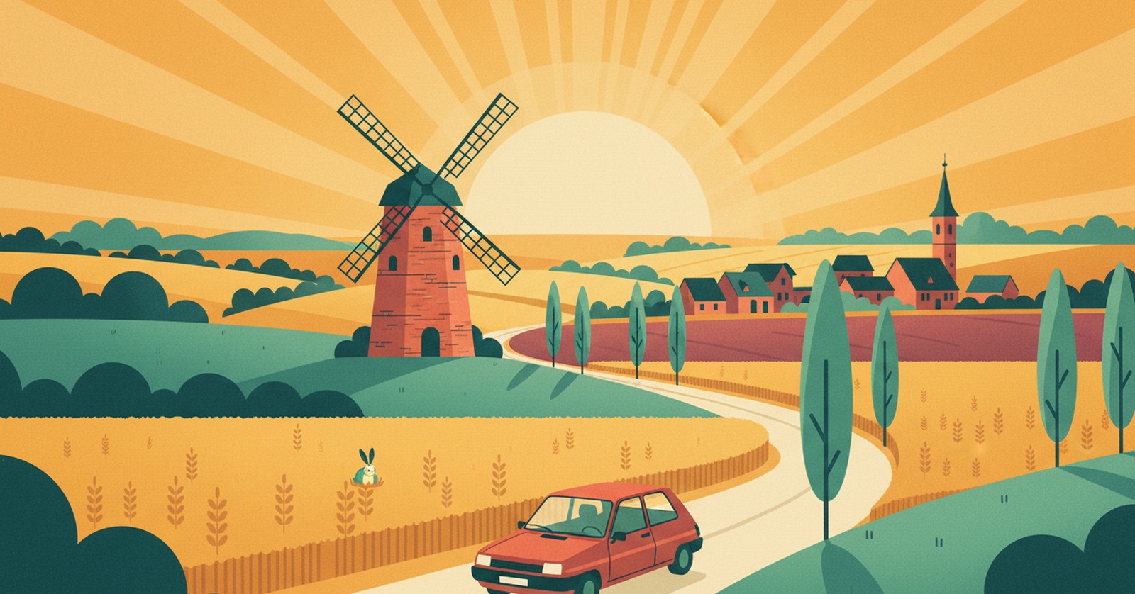Illustration de La Route Buissonnière : une route de campagne traverse les grands champs de blé de la Flandre, un moulin de brique sur une butte, un village aux maisons de brique rouge et son clocher, une petite Renault Super 5 rouge sur la route.