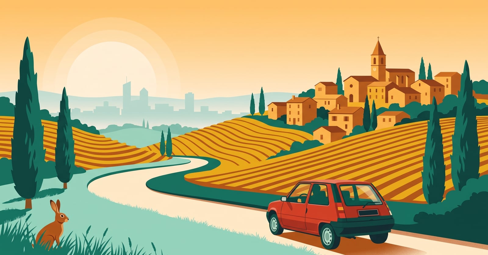 Illustration de La Route Buissonnière : une route de campagne serpente à travers les vignes et les villages de pierre dorée du Beaujolais, la métropole de Lyon laissée au loin en silhouette, une petite Renault Super 5 rouge sur la route.