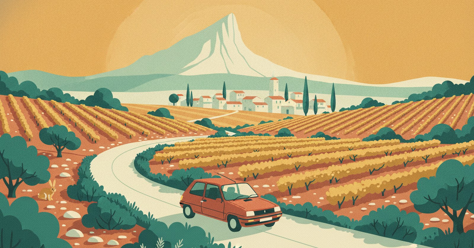 Illustration de La Route Buissonnière : une route traverse la garrigue de chênes verts et de romarin, des rangs de vigne sur un sol pierreux, une crête calcaire au pic acéré à l'horizon, un village aux tuiles romaines, une petite Renault Super 5 rouge sur la route.