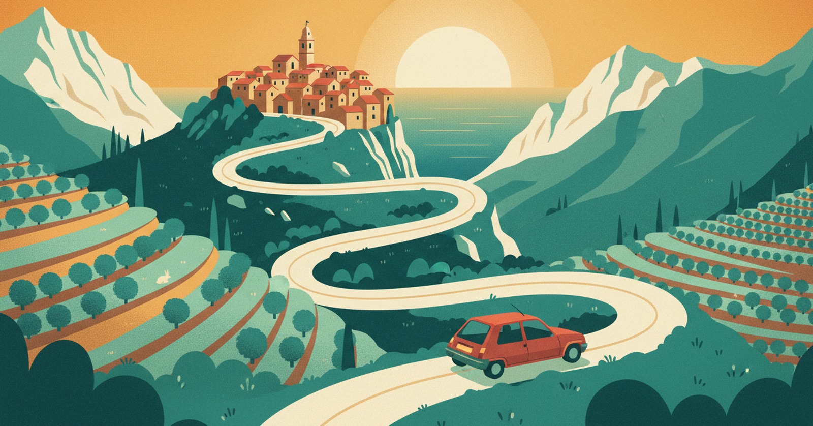 Illustration de La Route Buissonnière : une route de montagne monte en lacets serrés dans une vallée méditerranéenne, un village perché aux toits de tuiles sur un éperon rocheux, des oliviers en terrasses, la mer bleue au loin en contrebas, une petite Renault Super 5 rouge sur la route.