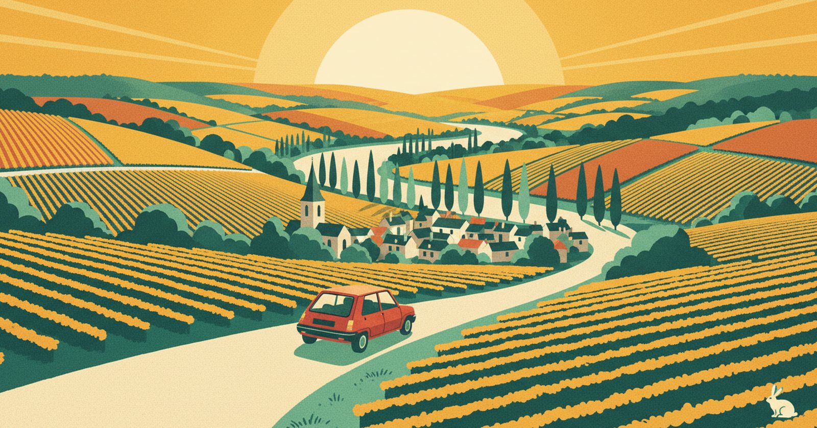 Illustration de La Route Buissonnière : une route longe un coteau couvert de rangs de vigne de Champagne, un village de pierre claire avec son clocher en contrebas, une large vallée bordée de peupliers, une petite Renault Super 5 rouge sur la route.