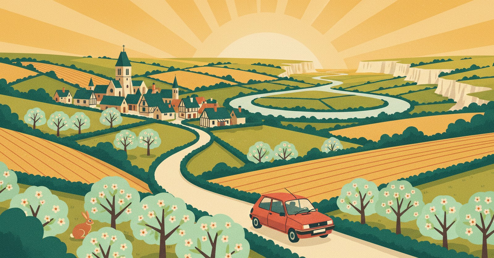 Illustration de La Route Buissonnière : une route traverse un bocage normand de prés bordés de haies et de pommiers en fleurs, un village à colombages aux toits sombres, une large rivière qui fait une boucle et des falaises de craie au loin, une petite Renault Super 5 rouge sur la route.
