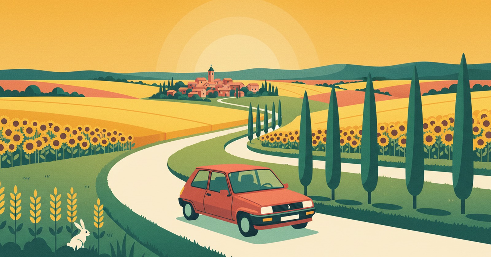 Illustration de La Route Buissonnière : une route de campagne traverse les grands champs de blé et de tournesols du Lauragais, un village de brique rose avec son clocher et ses cyprès, la Montagne Noire au loin, une petite Renault Super 5 rouge sur la route.