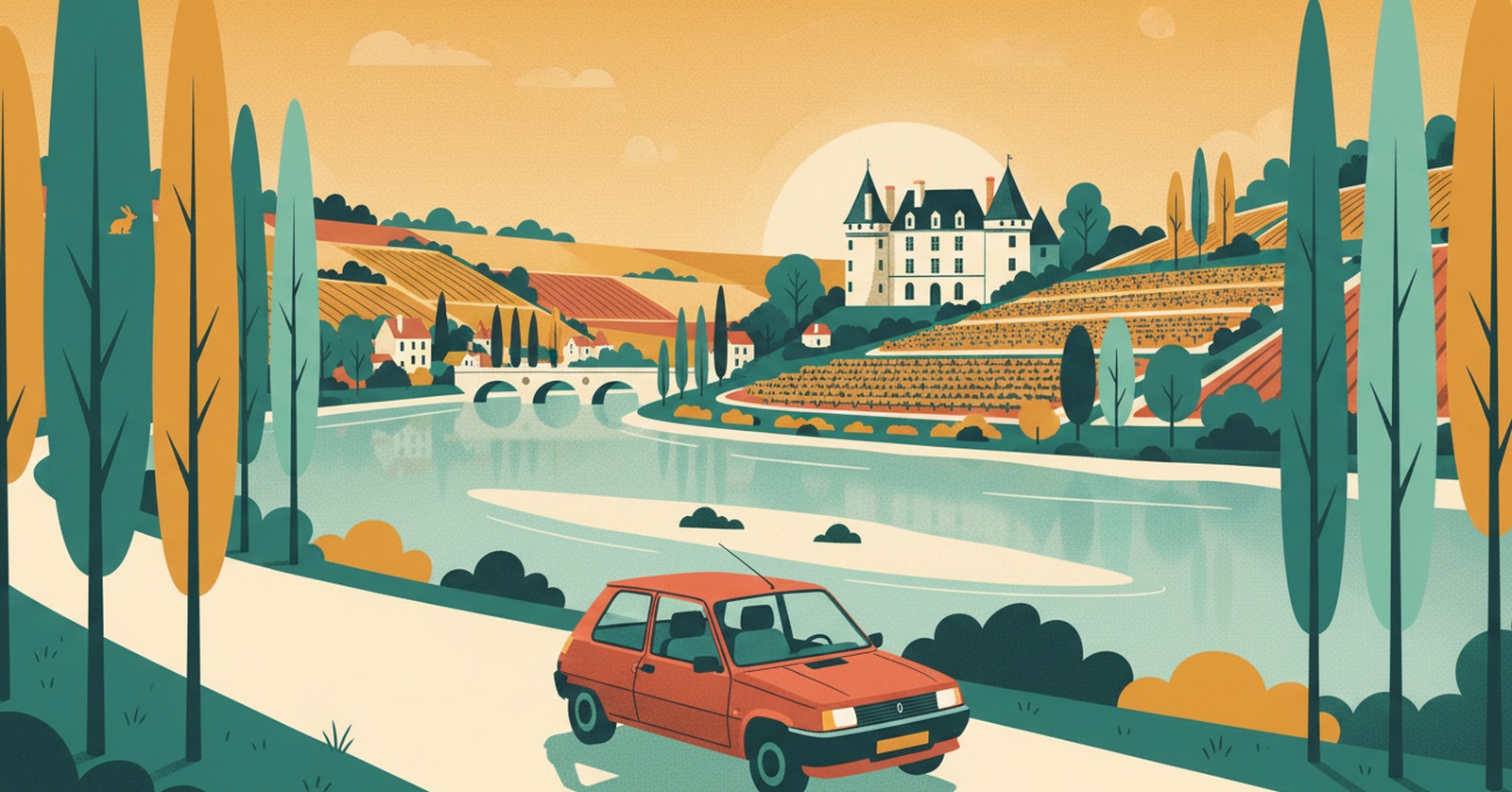 Illustration de La Route Buissonnière : une route longe une large rivière calme bordée de peupliers et de bancs de sable, un château de pierre blanche aux toits d'ardoise sur l'autre rive, des vignes sur les coteaux, une petite Renault Super 5 rouge sur la route.