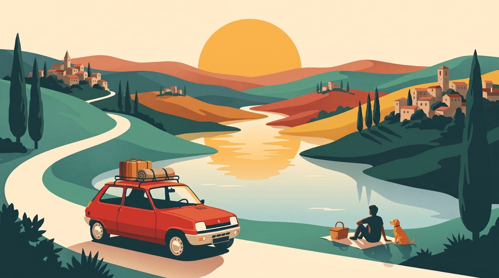Illustration : la Super 5 garée au bord d'un lac à l'heure dorée, deux silhouettes contemplent la vue