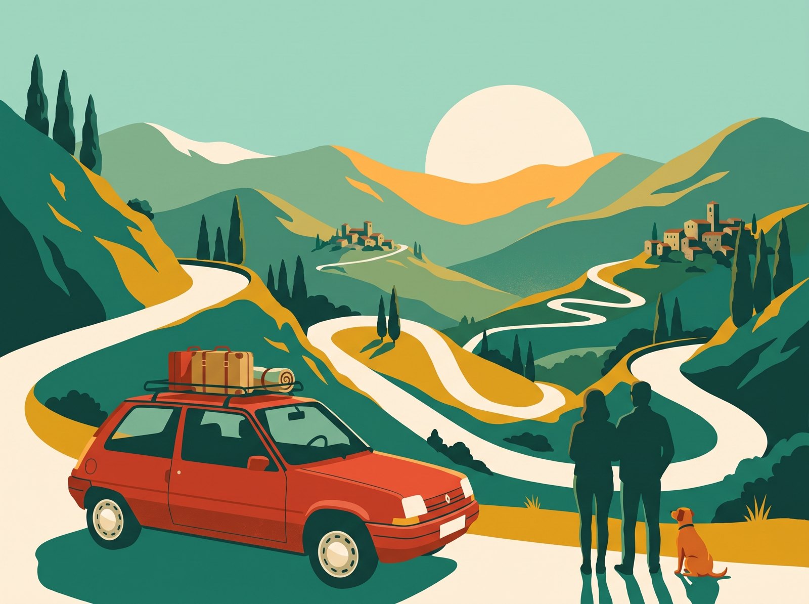 Illustration : la Super 5 grimpe un col de montagne, paysage serein, aucun réseau