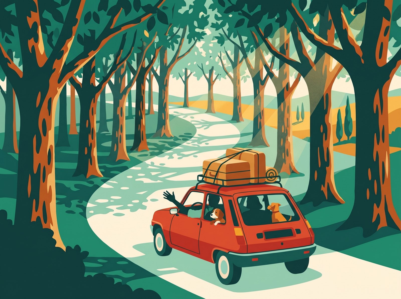 Illustration : la Super 5 roule sous un tunnel de platanes, lumière filtrée entre les branches