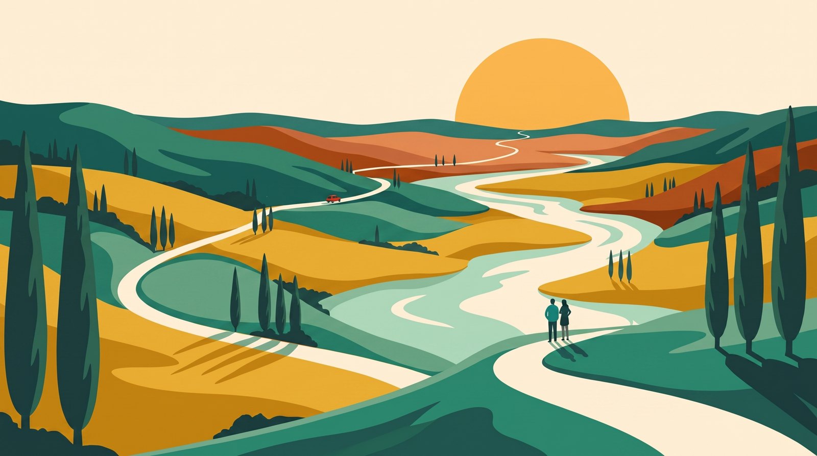 Illustration panoramique : une immense vallée traversée par une route qui serpente à l'infini, la Super 5 minuscule au loin