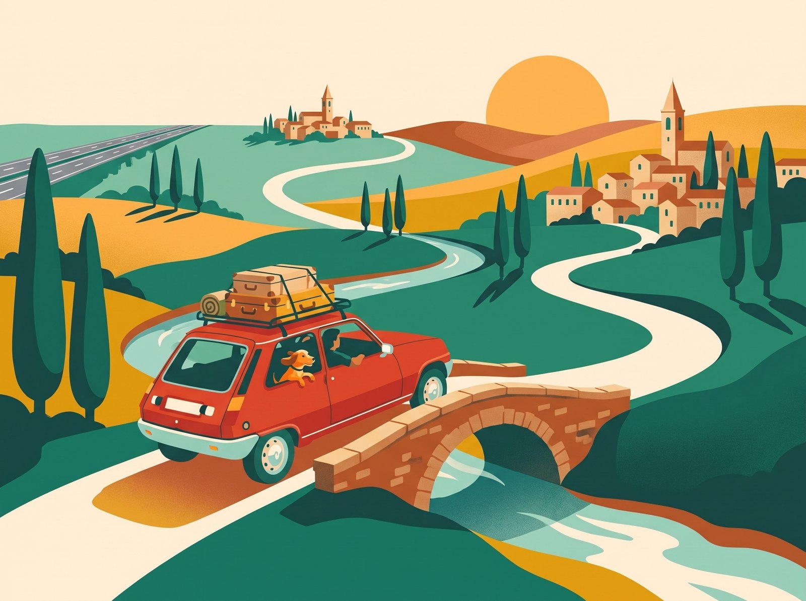 Illustration : la Super 5 quitte une voie rapide grise pour une petite route de campagne