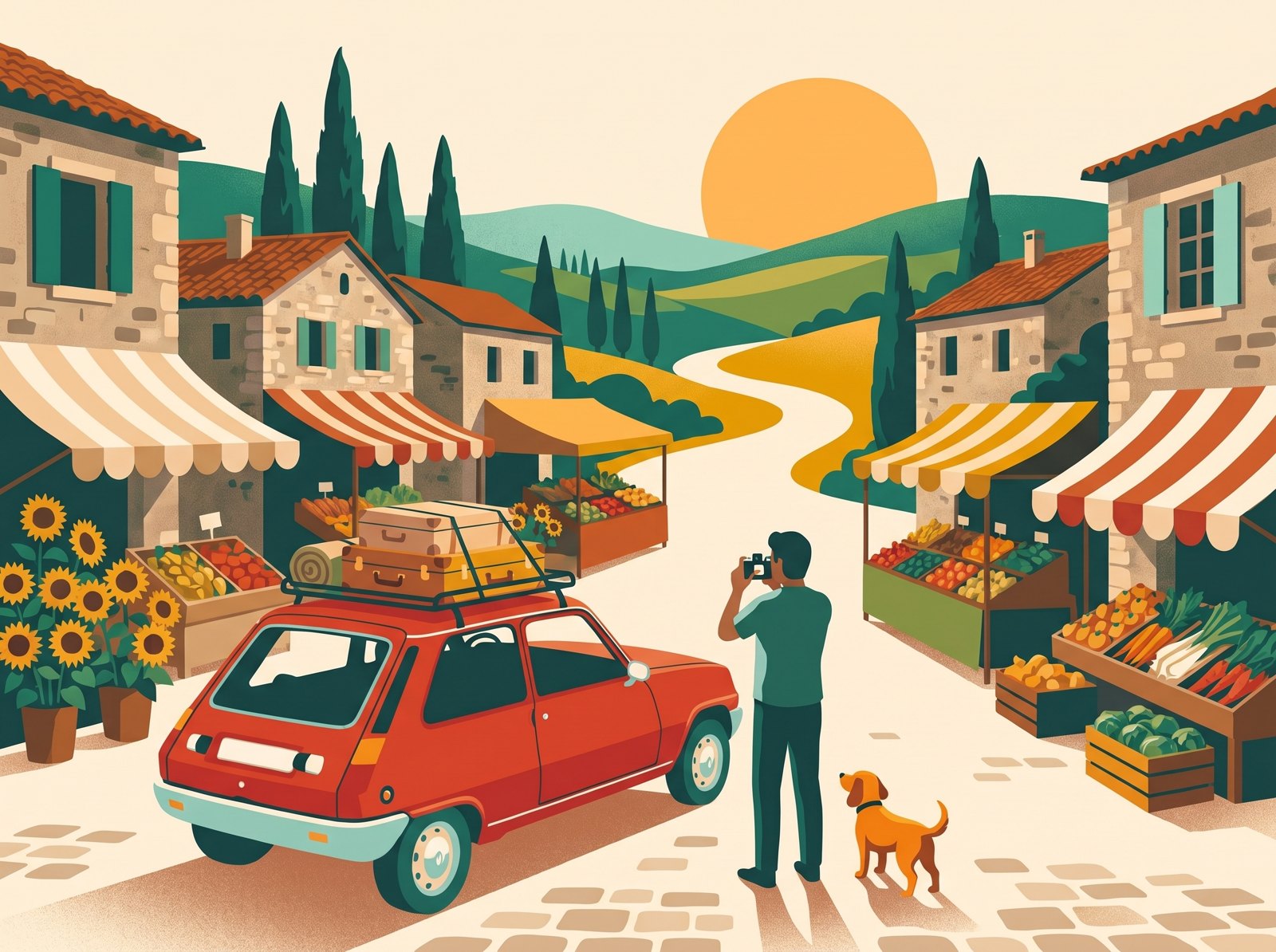 Illustration : la Super 5 traverse un village de caractère au bord d'une rivière