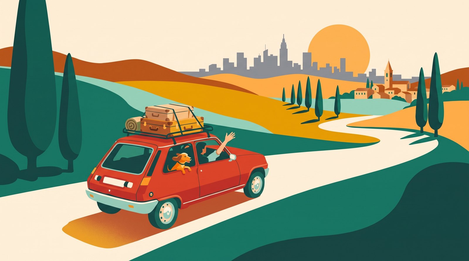 Illustration panoramique : la Super 5 sur une route de campagne, une grande ville évitée au loin à l'horizon