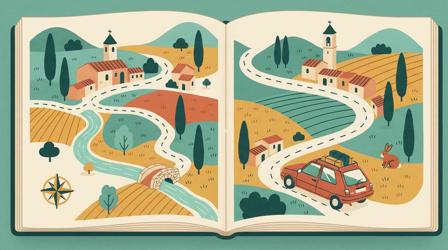 Illustration : une carte de voyage, la Super 5 rouge relie villages, rivières et points de vue