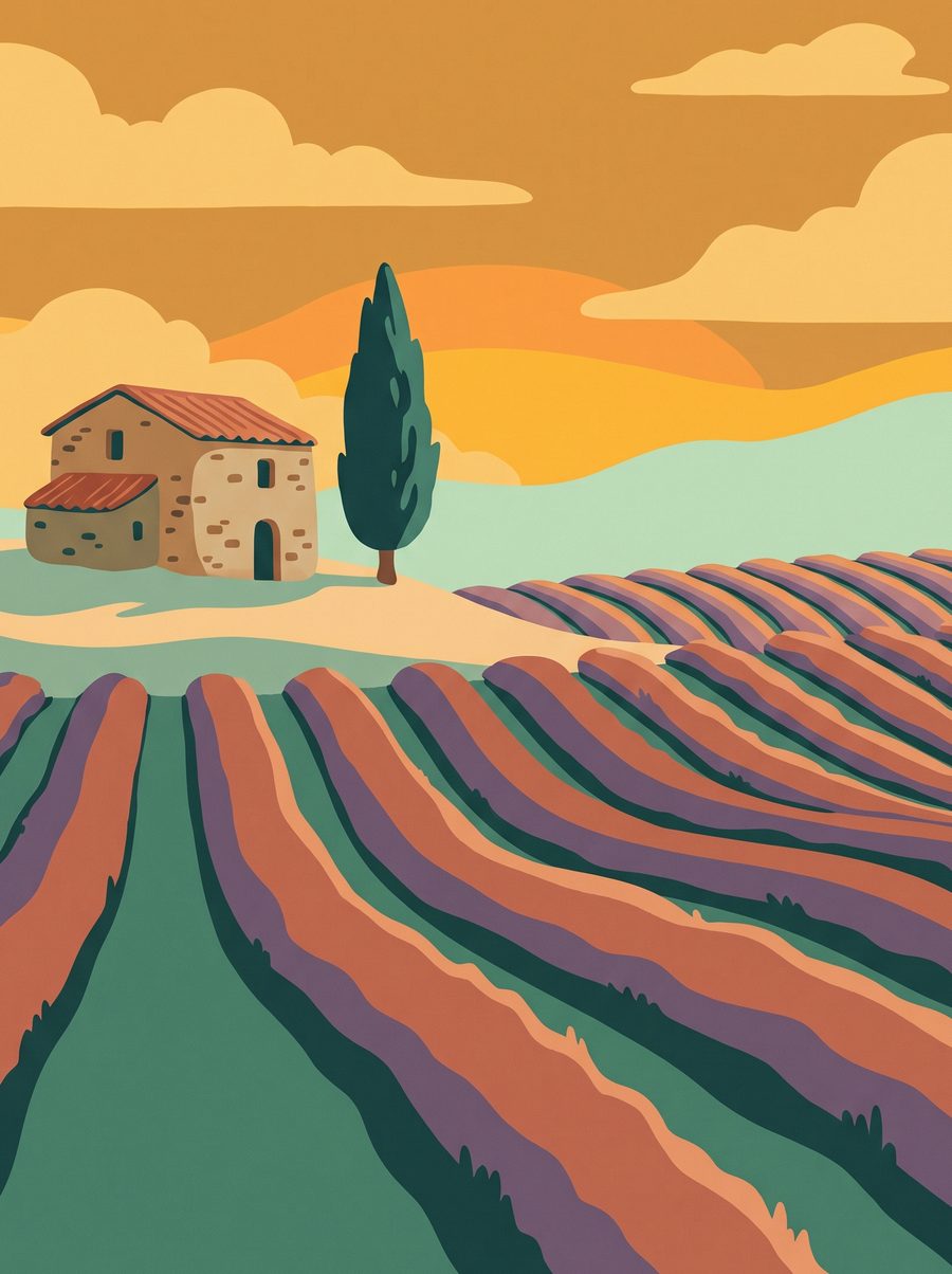 Illustration des champs de lavande et d'un cabanon de pierre à Valensole