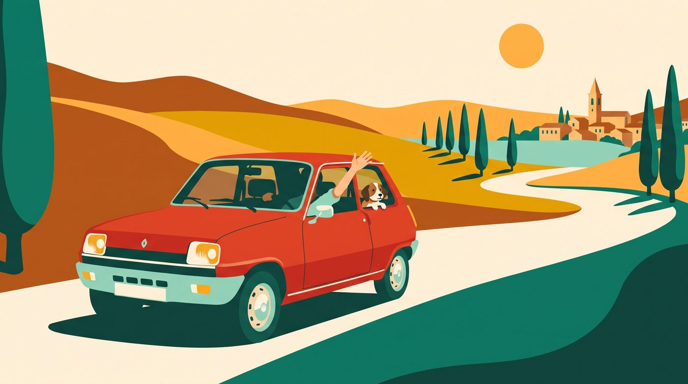 Illustration : une Renault 5 rouge sur une petite route de campagne, un bras à la fenêtre, au soleil couchant