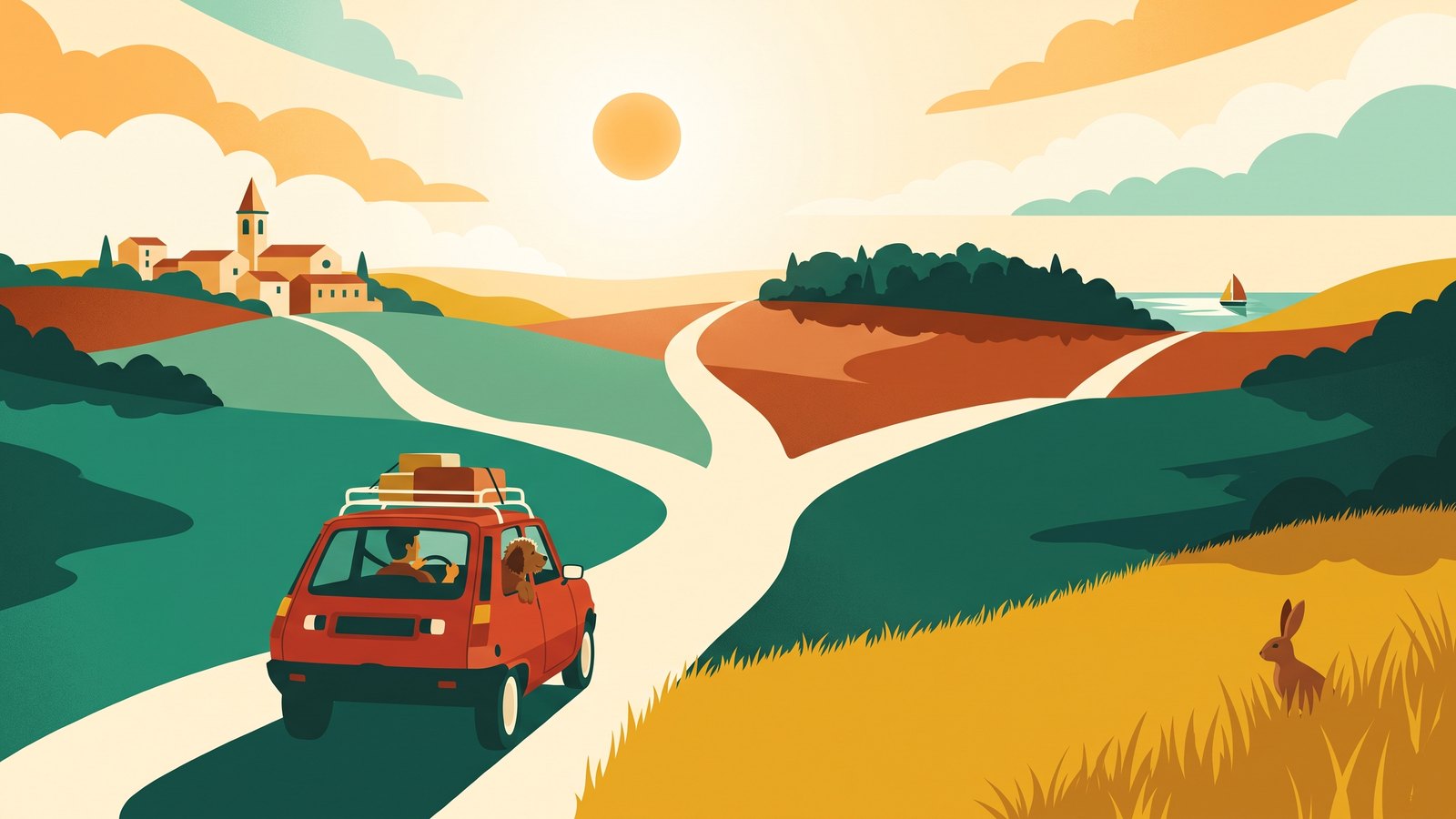 Illustration : la Super 5 rouge s'éloigne vers l'horizon, la route se divise en plusieurs chemins