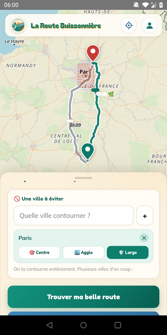 Un itinéraire qui contourne la ville dans l'application