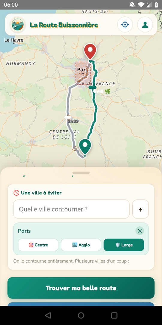 Un itinéraire qui contourne la ville dans l'application